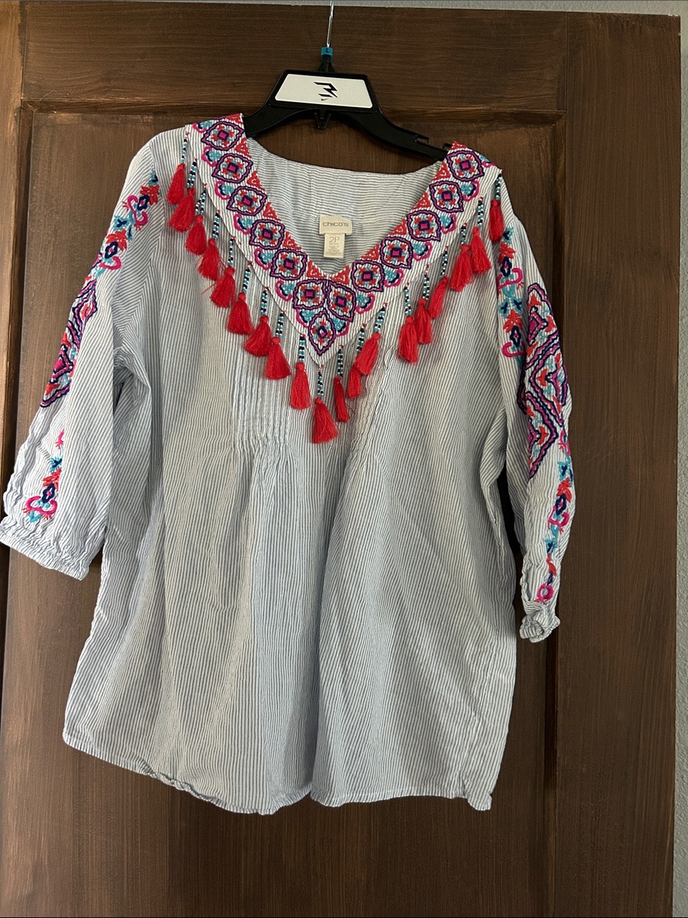 Chico's Blue-White Striped Tunic with Red Tassel & Multicolor Embroidery